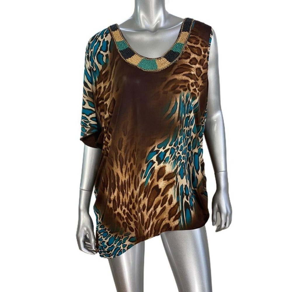 Fashion Bug Beaded Animal Print Brown Tunic 1X